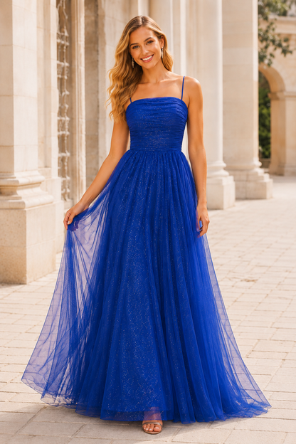 Elovina A Line Square Neckline Sleeveless Sweep Train Tulle Prom Dress- Style in Royal Blue - front view