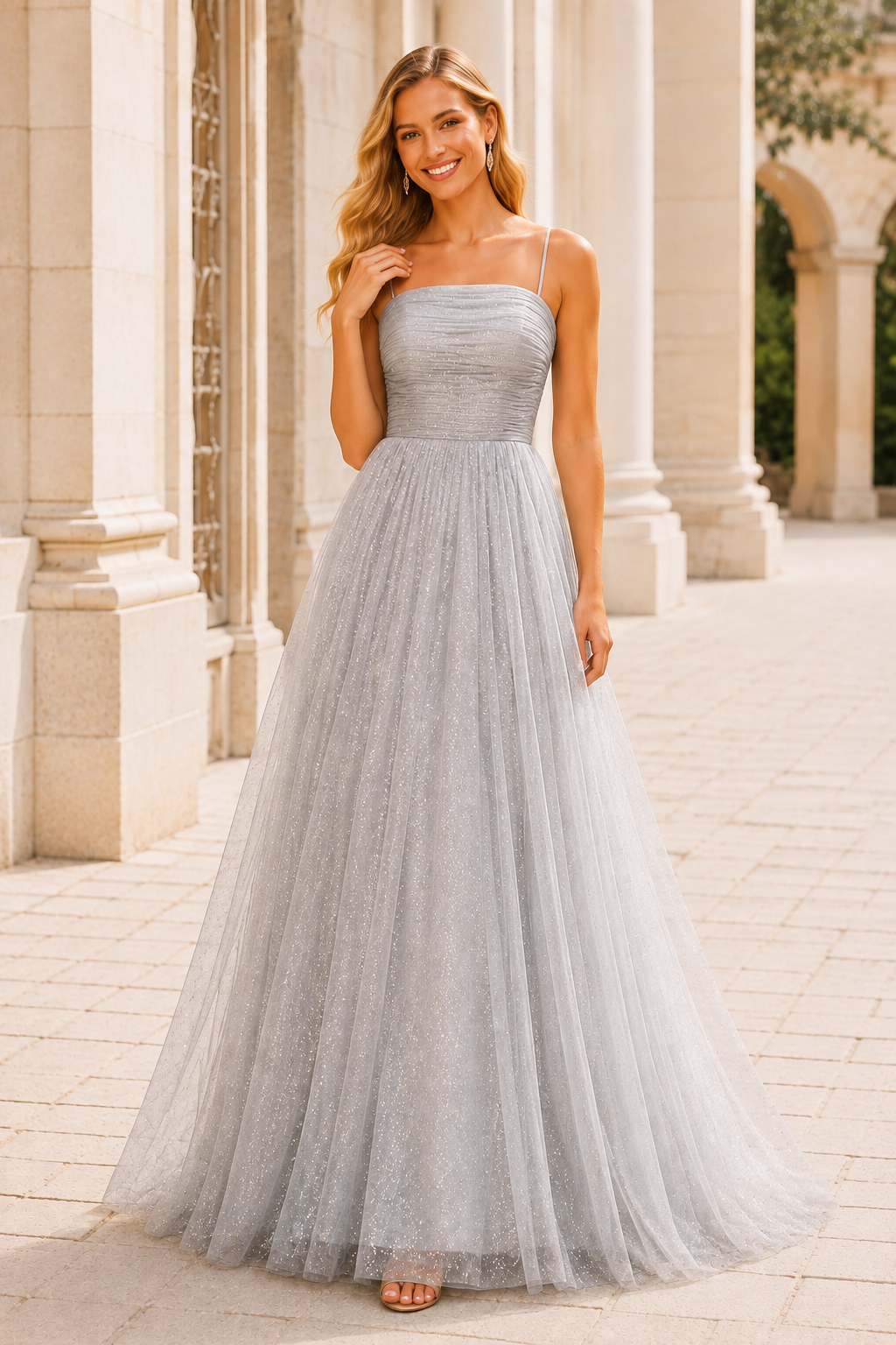 Elovina A Line Square Neckline Sleeveless Sweep Train Tulle Prom Dress- Style in Silver - front view