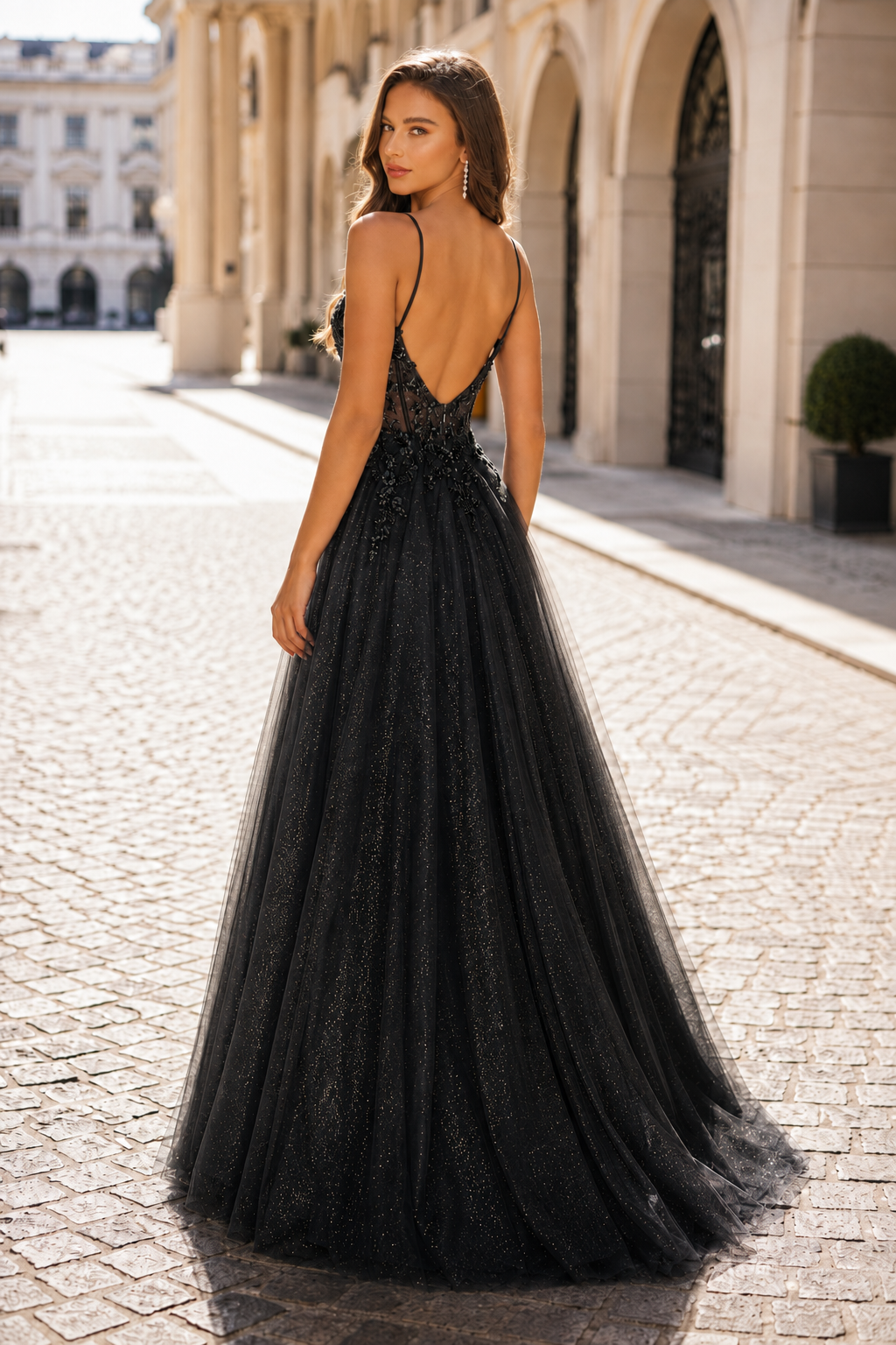 Elovina A Line Square Neckline Sleeveless Sweep Train Tulle Prom Dress- Style in Black - back view