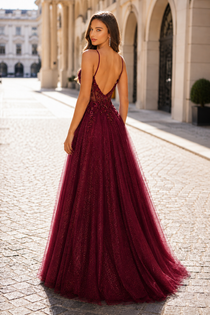 Elovina A Line Square Neckline Sleeveless Sweep Train Tulle Prom Dress- Style in Burgundy - back view