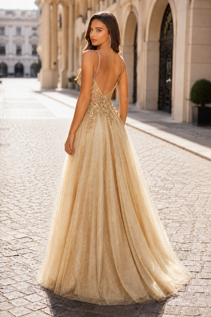 Elovina A Line Square Neckline Sleeveless Sweep Train Tulle Prom Dress- Style in Champagne - back view