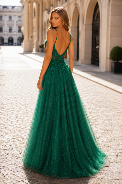 Elovina A Line Square Neckline Sleeveless Sweep Train Tulle Prom Dress- Style in Emerald Green - back view