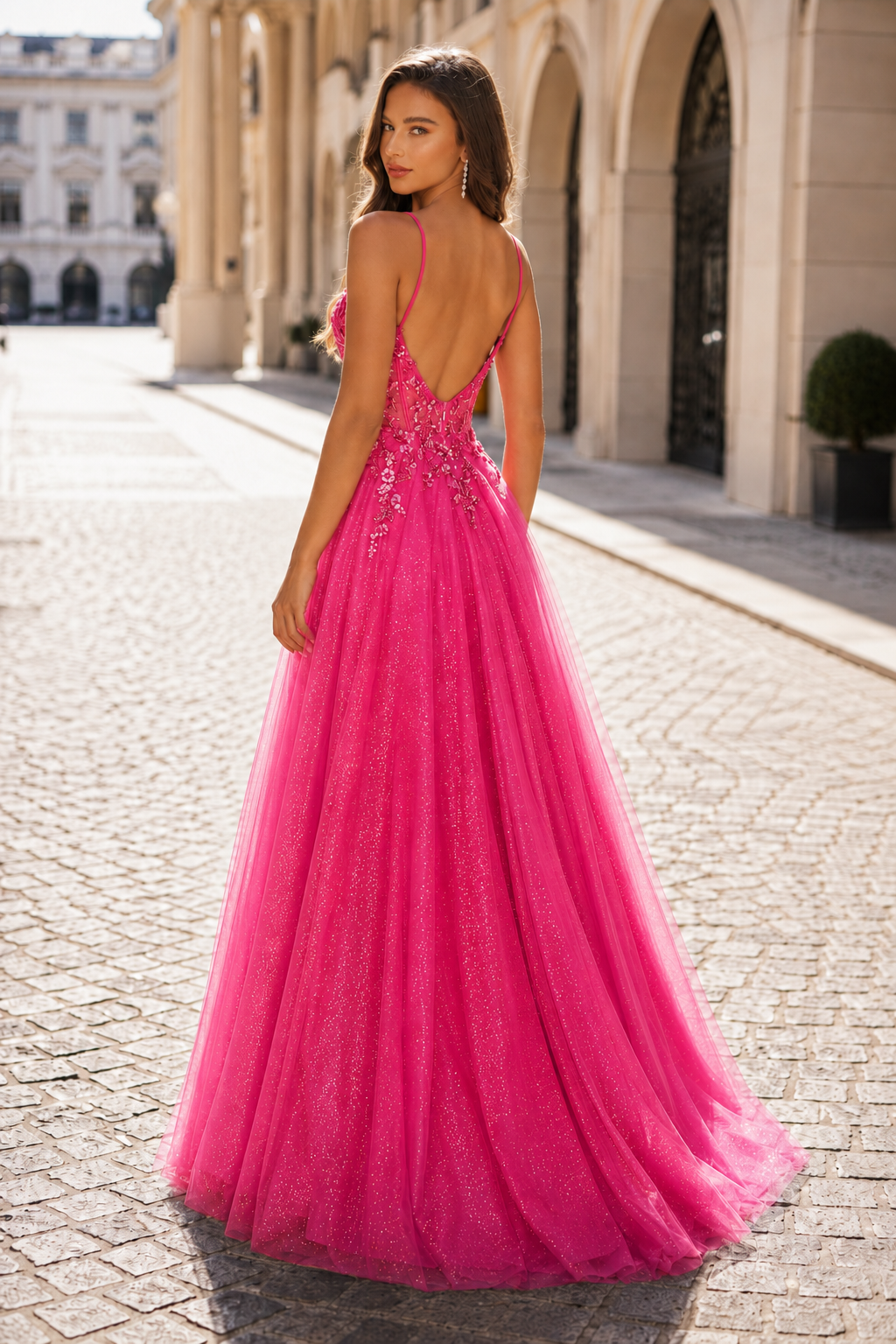 Elovina A Line Square Neckline Sleeveless Sweep Train Tulle Prom Dress- Style in Hot Pink - back view