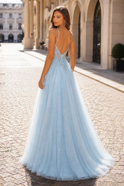 Elovina A Line Square Neckline Sleeveless Sweep Train Tulle Prom Dress- Style in Light Blue - back view