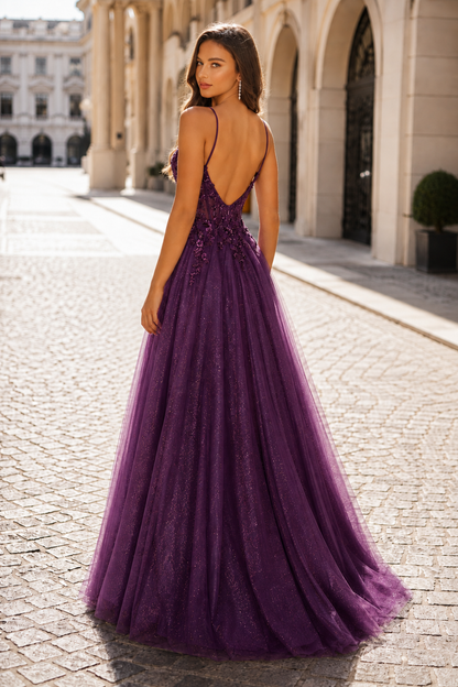 Elovina A Line Square Neckline Sleeveless Sweep Train Tulle Prom Dress- Style in Purple - back view
