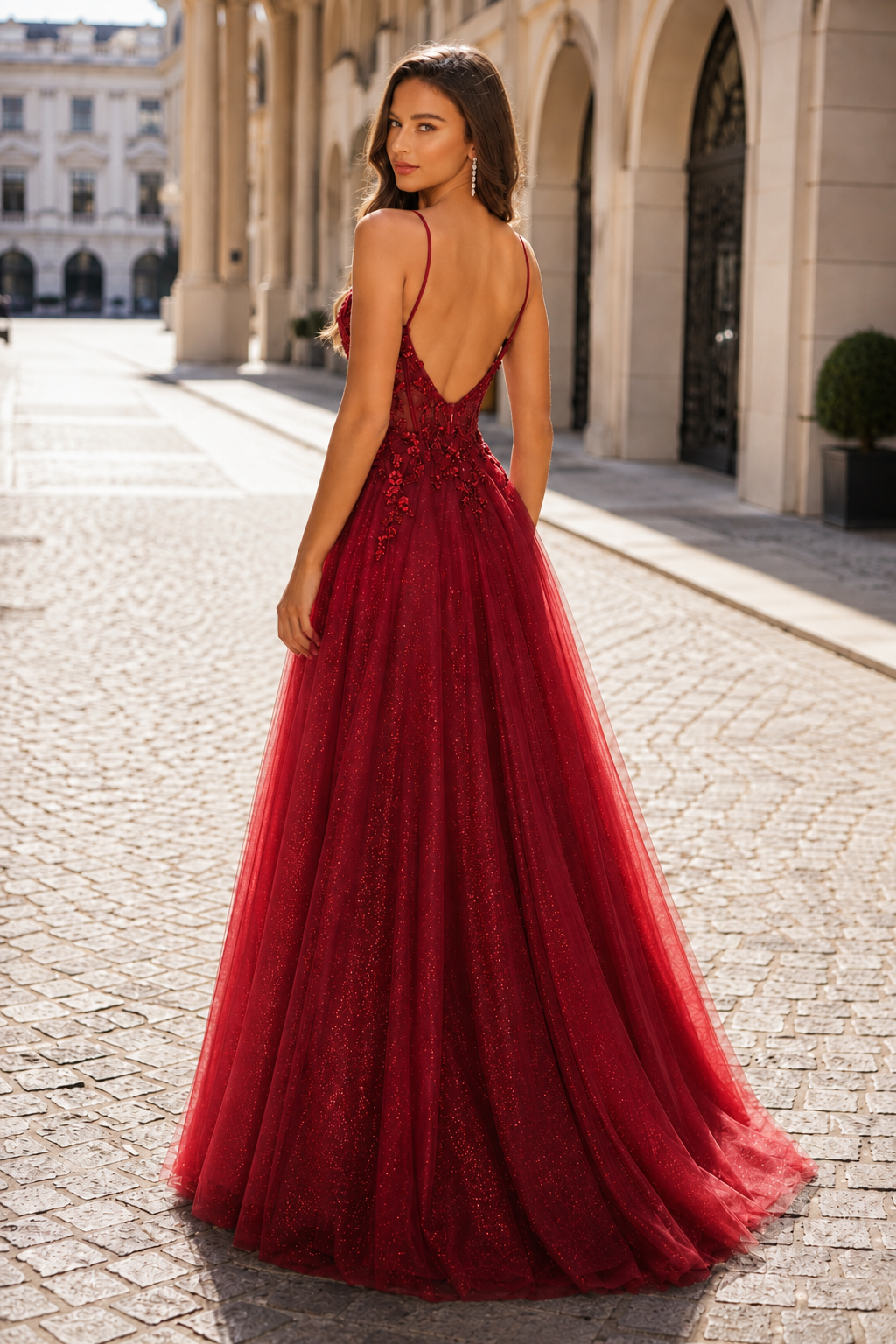 Elovina A Line Square Neckline Sleeveless Sweep Train Tulle Prom Dress- Style in Red - back view