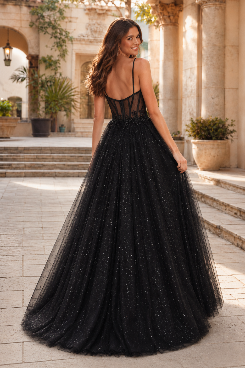 Jorrienne A Line Sweetheart Sleeveless Sweep Train Tulle Prom Dress in Black - back view