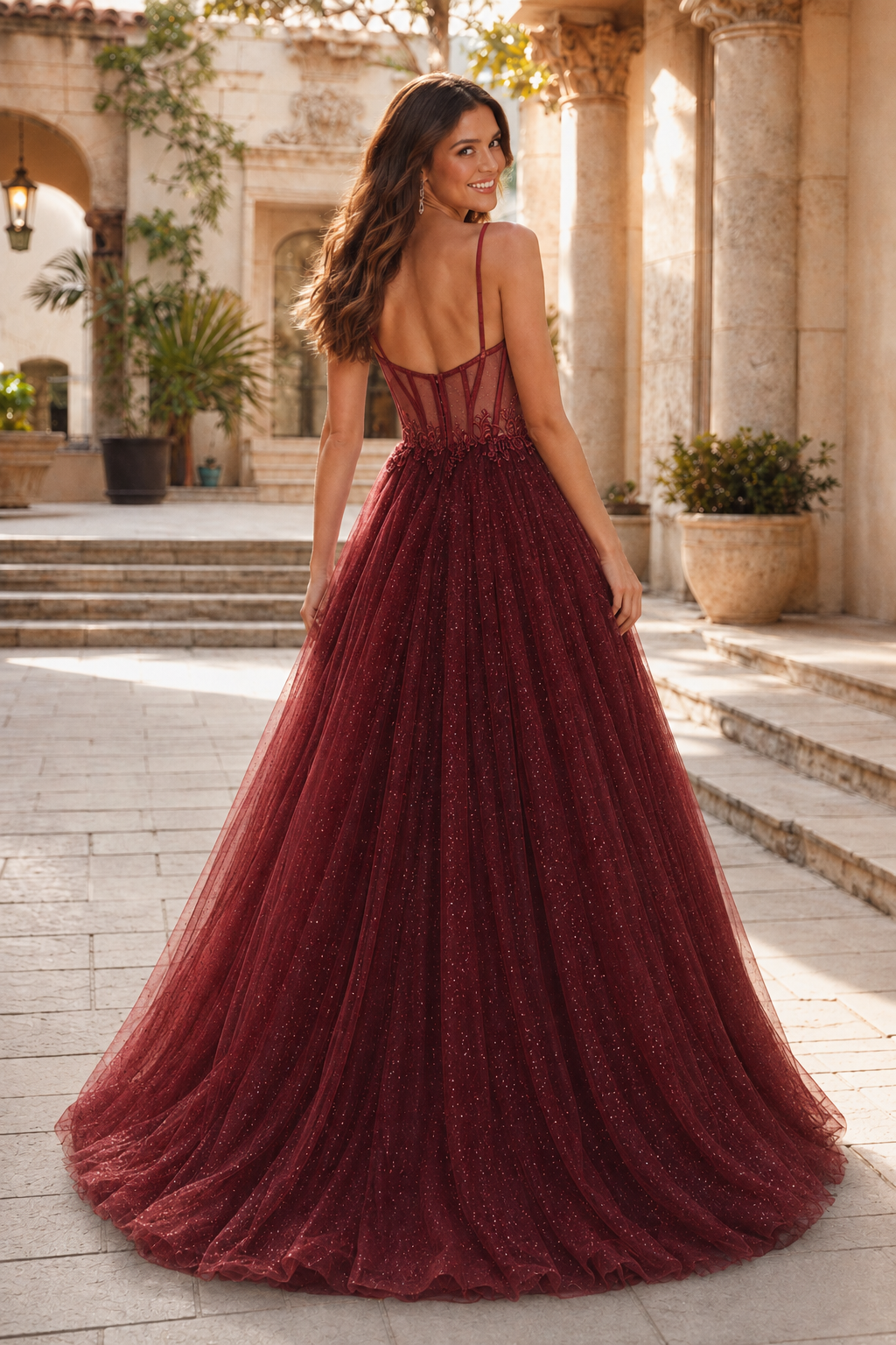 Jorrienne A Line Sweetheart Sleeveless Sweep Train Tulle Prom Dress in Burgundy - back view