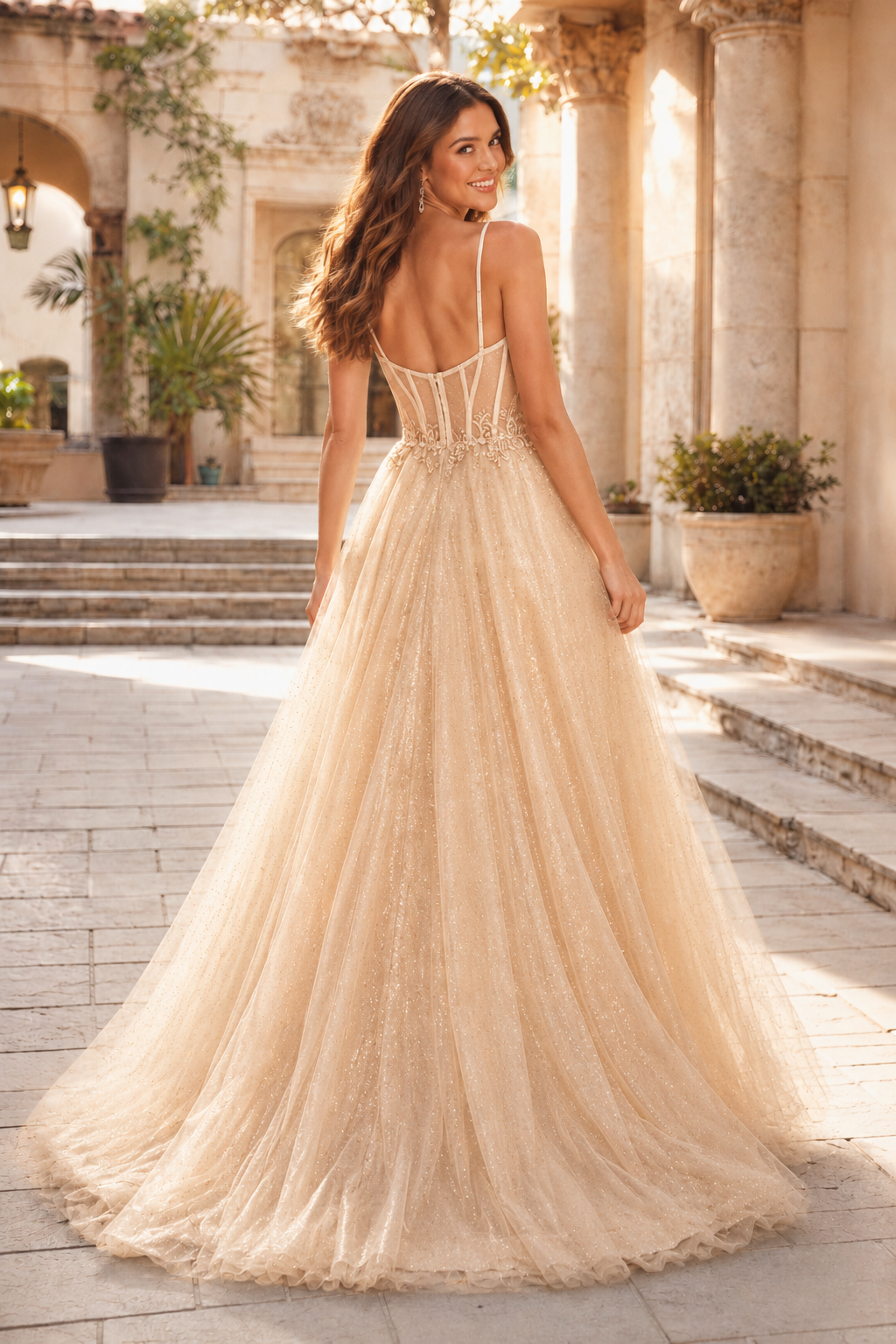 Jorrienne A Line Sweetheart Sleeveless Sweep Train Tulle Prom Dress in Champagne - back view