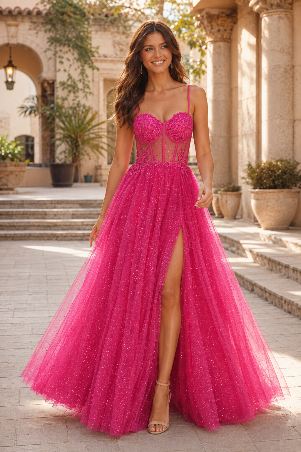 Jorrienne A Line Sweetheart Sleeveless Sweep Train Tulle Prom Dress in Hot Pink - front view