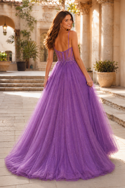 Jorrienne A Line Sweetheart Sleeveless Sweep Train Tulle Prom Dress in Purple - back view