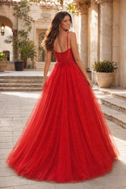 Jorrienne A Line Sweetheart Sleeveless Sweep Train Tulle Prom Dress in Red - back view