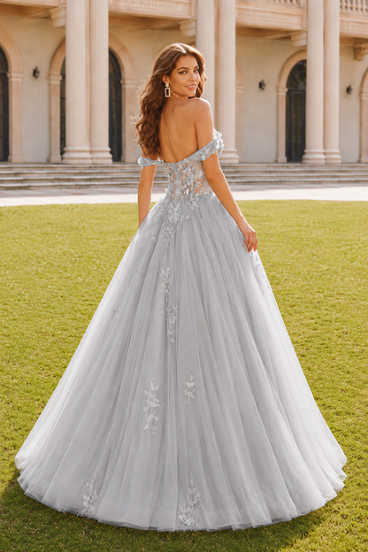 Anastasia Ball Gown Princess Off the Shoulder Sleeveless Long Floor Length Tulle Prom Dress in Black - back view