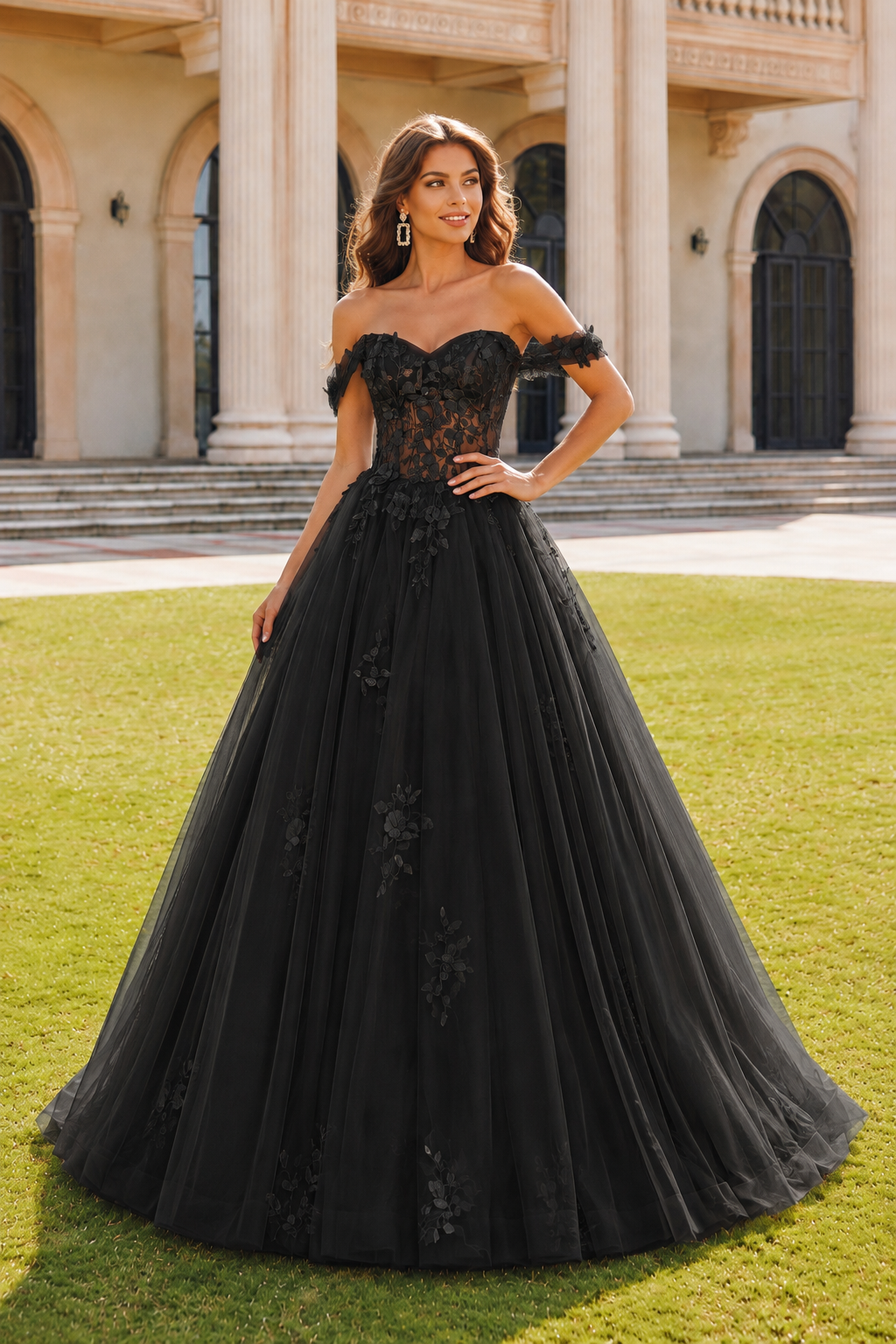 Anastasia Ball Gown Princess Off the Shoulder Sleeveless Long Floor Length Tulle Prom Dress in Black - front view