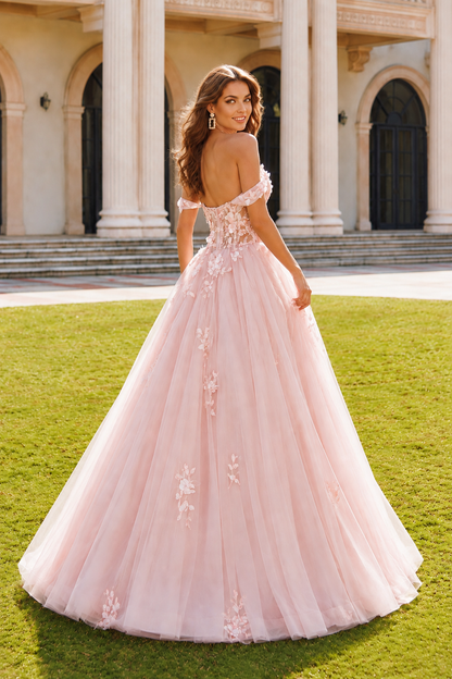 Anastasia Ball Gown Princess Off the Shoulder Sleeveless Long Floor Length Tulle Prom Dress in Blush Pink - back view