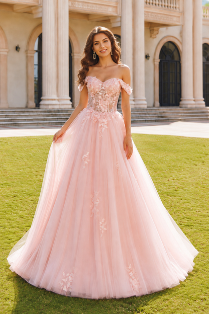 Anastasia Ball Gown Princess Off the Shoulder Sleeveless Long Floor Length Tulle Prom Dress in Blush Pink - front view