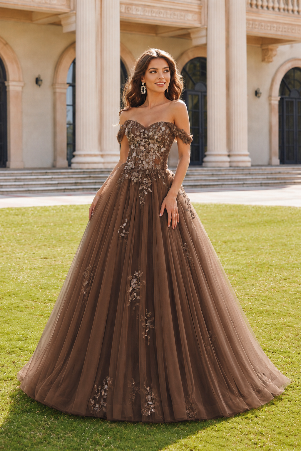 Anastasia Ball Gown Princess Off the Shoulder Sleeveless Long Floor Length Tulle Prom Dress in Chocolate Brown - front view