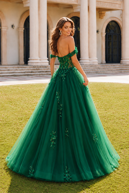 Anastasia Ball Gown Princess Off the Shoulder Sleeveless Long Floor Length Tulle Prom Dress in Emerald Green - back view