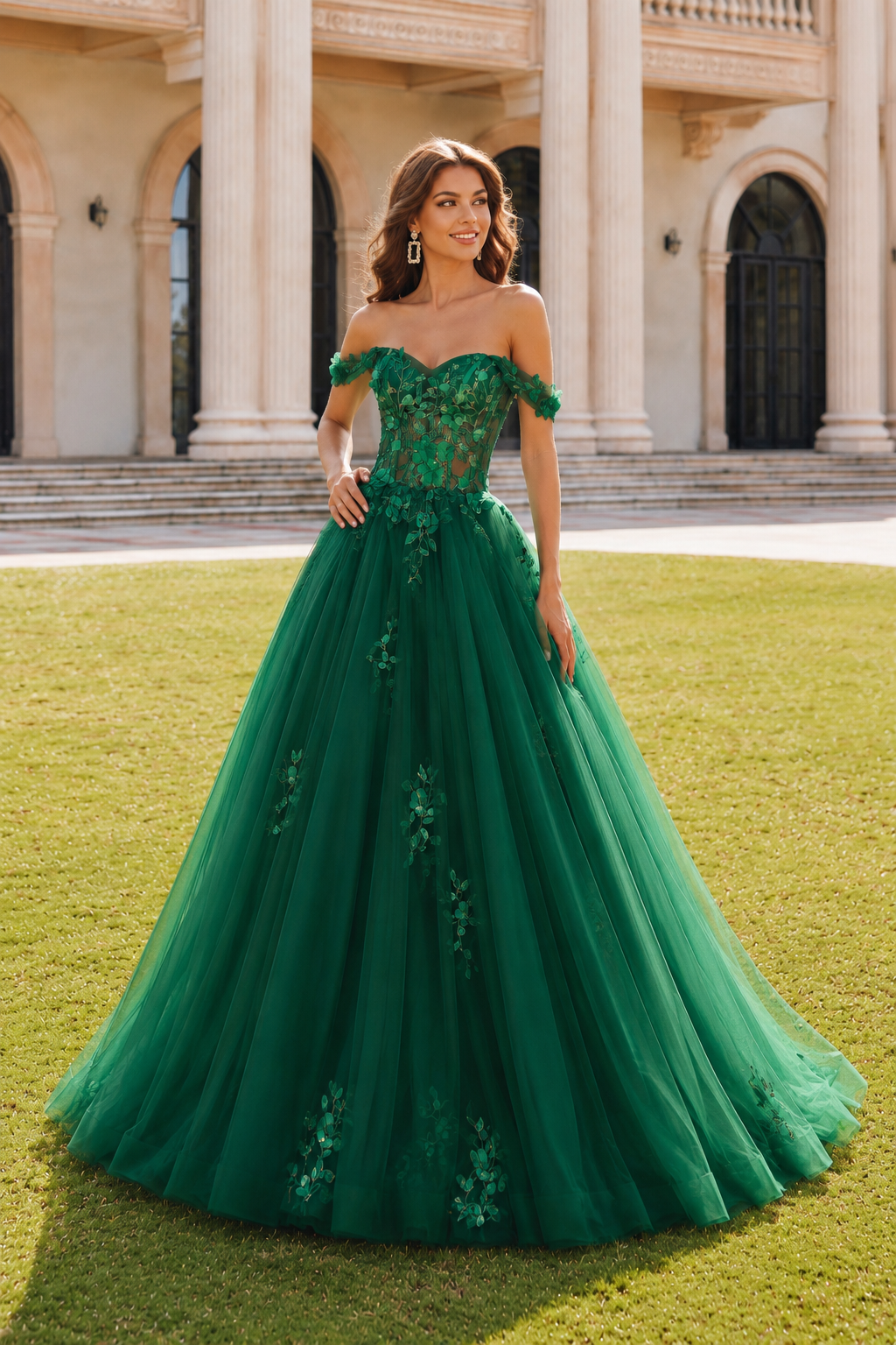 Anastasia Ball Gown Princess Off the Shoulder Sleeveless Long Floor Length Tulle Prom Dress in Emerald Green - front view