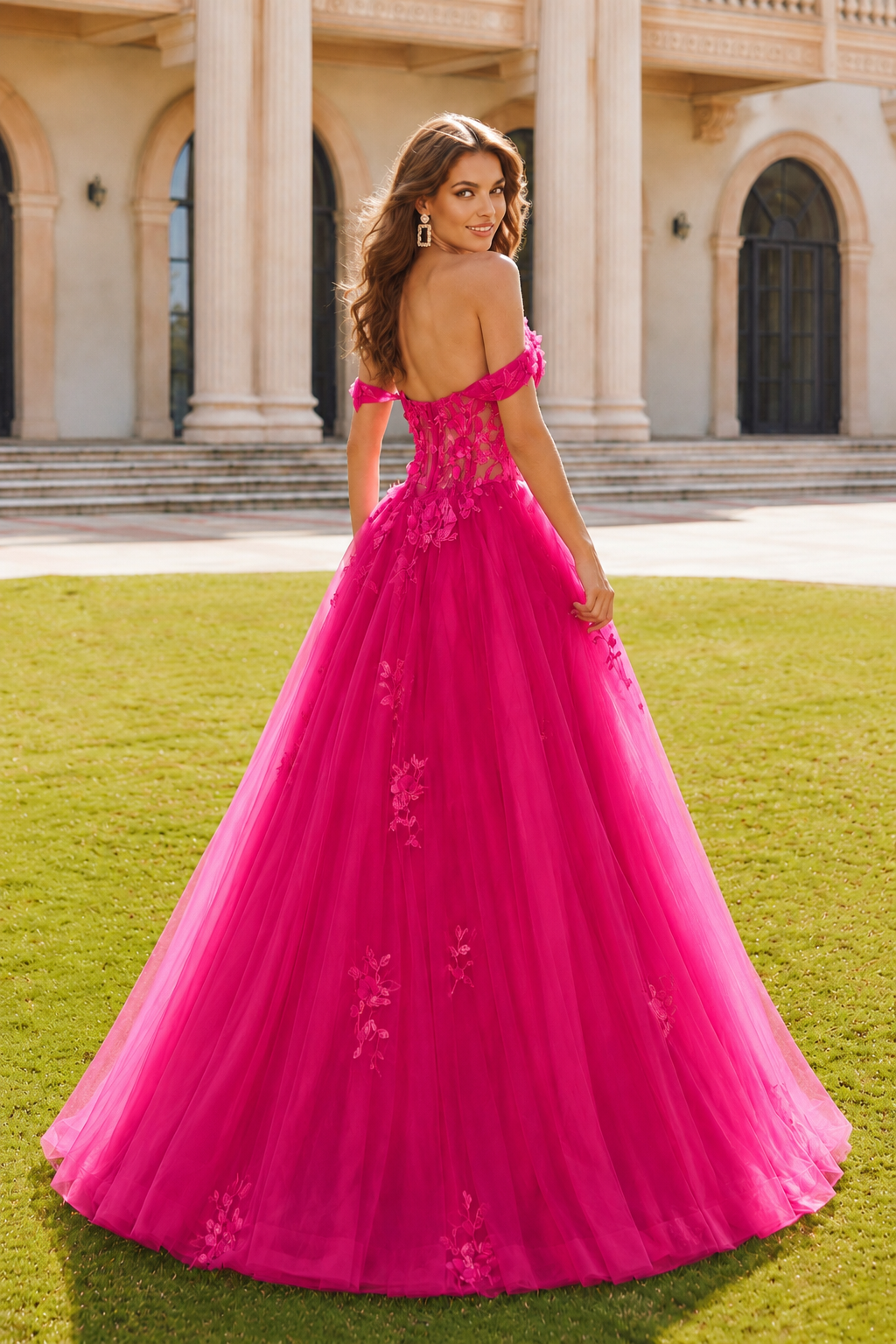 Anastasia Ball Gown Princess Off the Shoulder Sleeveless Long Floor Length Tulle Prom Dress in Hot Pink - back view