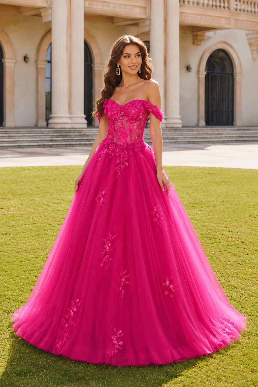 Anastasia Ball Gown Princess Off the Shoulder Sleeveless Long Floor Length Tulle Prom Dress in Hot Pink - front view
