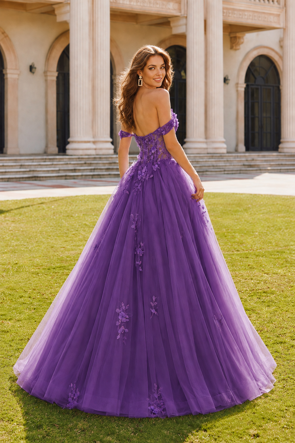 Anastasia Ball Gown Princess Off the Shoulder Sleeveless Long Floor Length Tulle Prom Dress in Purple - back view