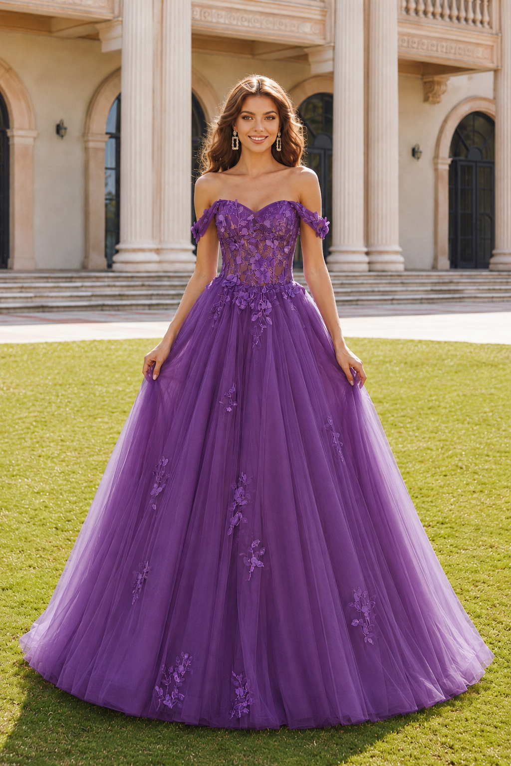 Anastasia Ball Gown Princess Off the Shoulder Sleeveless Long Floor Length Tulle Prom Dress in Purple - front view