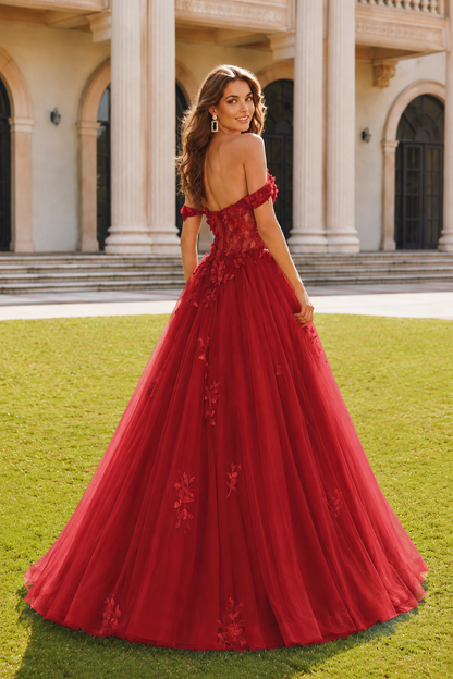 Anastasia Ball Gown Princess Off the Shoulder Sleeveless Long Floor Length Tulle Prom Dress in Red - back view