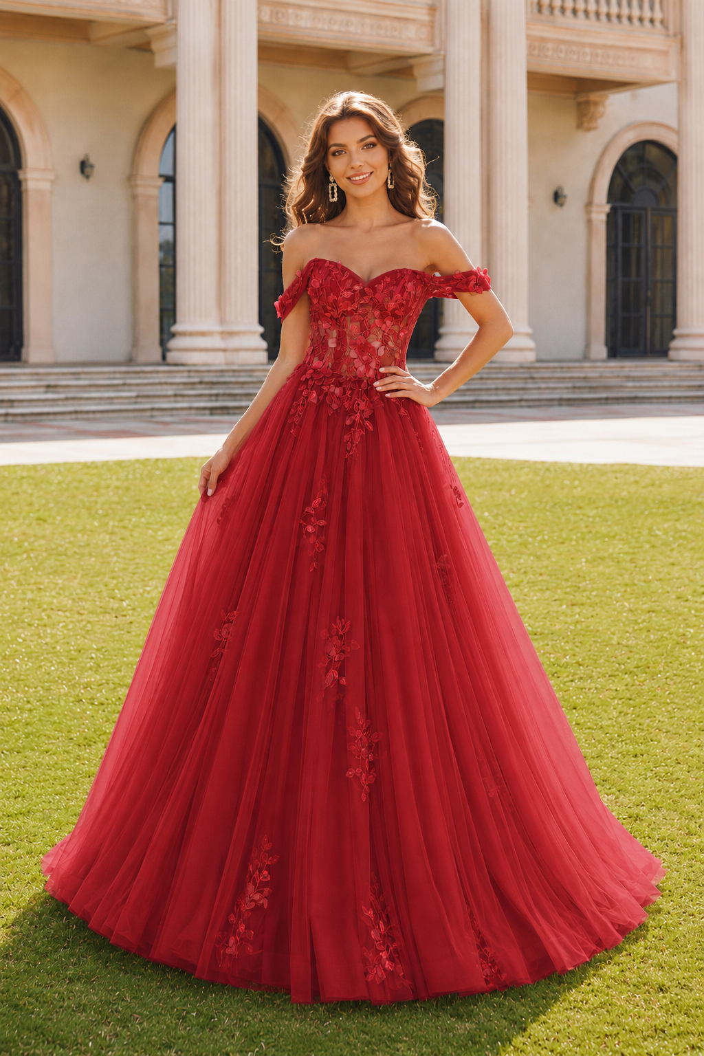 Anastasia Ball Gown Princess Off the Shoulder Sleeveless Long Floor Length Tulle Prom Dress in Red - front view