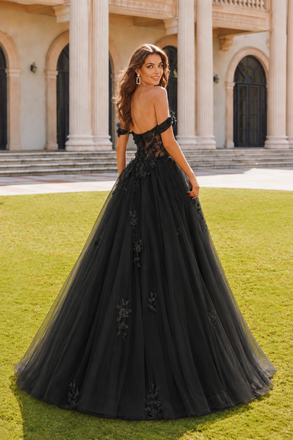 Anastasia Ball Gown Princess Off the Shoulder Sleeveless Long Floor Length Tulle Prom Dress in Silver - back view