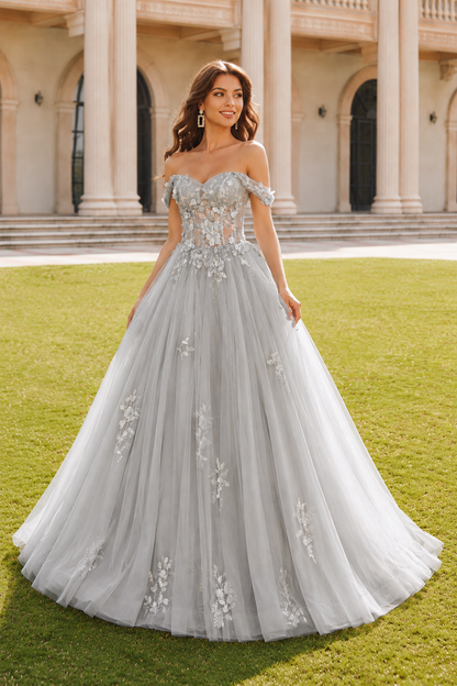 Anastasia Ball Gown Princess Off the Shoulder Sleeveless Long Floor Length Tulle Prom Dress in Silver - front view