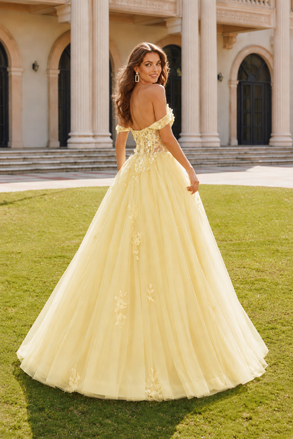 Anastasia Ball Gown Princess Off the Shoulder Sleeveless Long Floor Length Tulle Prom Dress in Yellow - back view