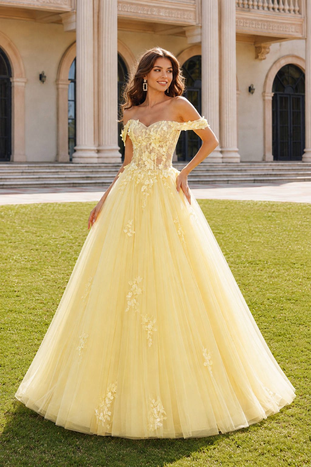 Anastasia Ball Gown Princess Off the Shoulder Sleeveless Long Floor Length Tulle Prom Dress in Yellow - front view