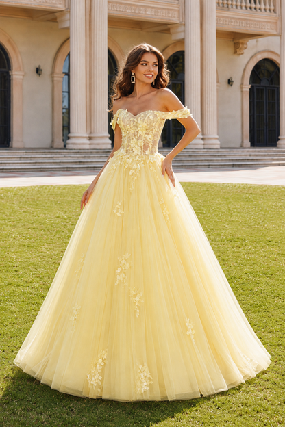 Anastasia Ball Gown Princess Off the Shoulder Sleeveless Long Floor Length Tulle Prom Dress in Yellow - front view