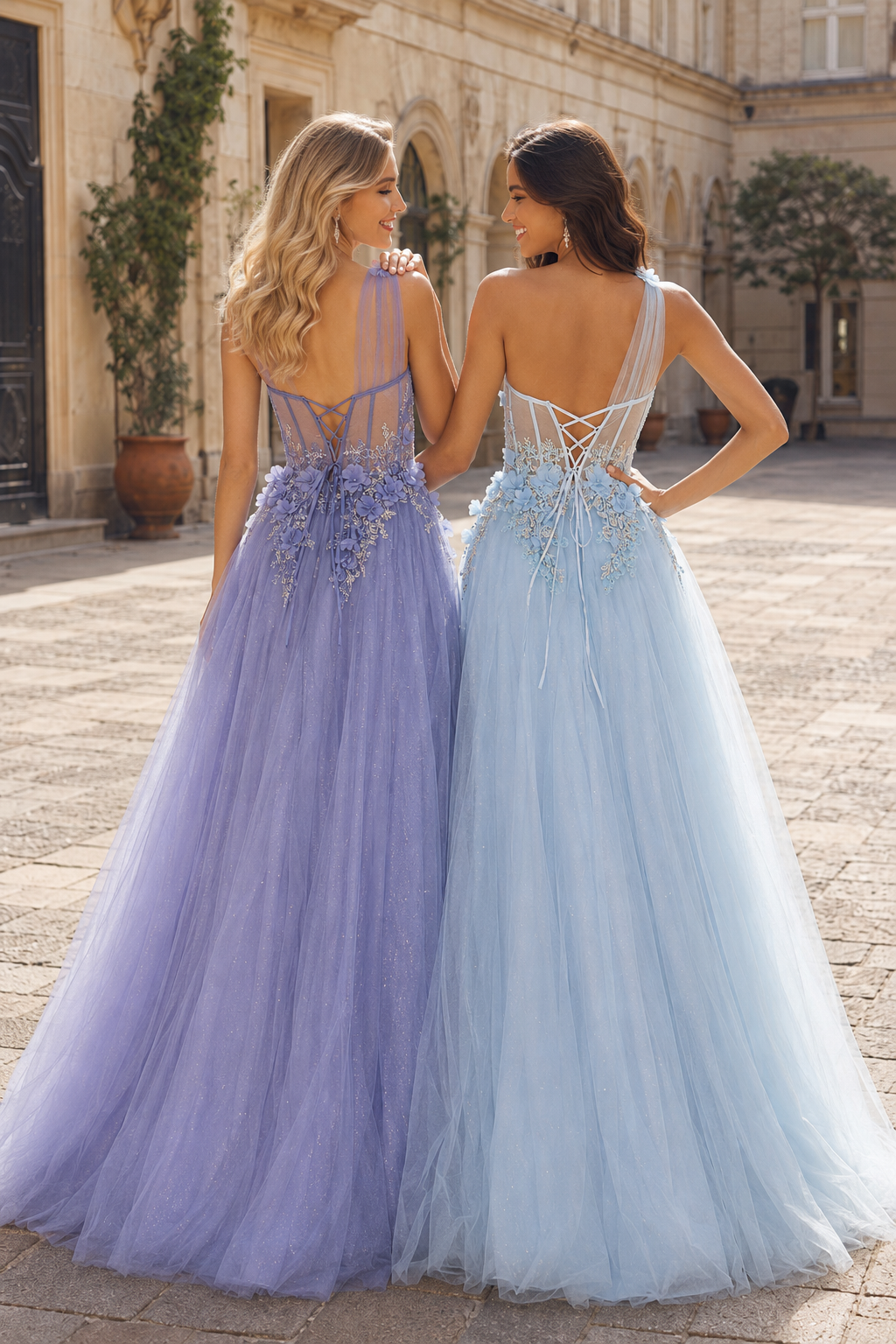 A Line One Shoulder Sleeveless Sweep Train Tulle Prom Dress back view