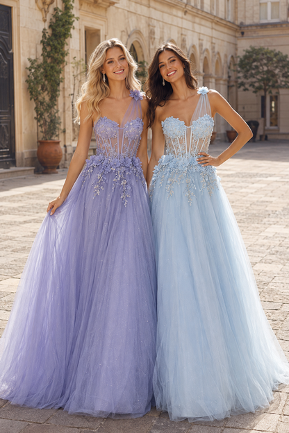 A Line One Shoulder Sleeveless Sweep Train Tulle Prom Dress front view