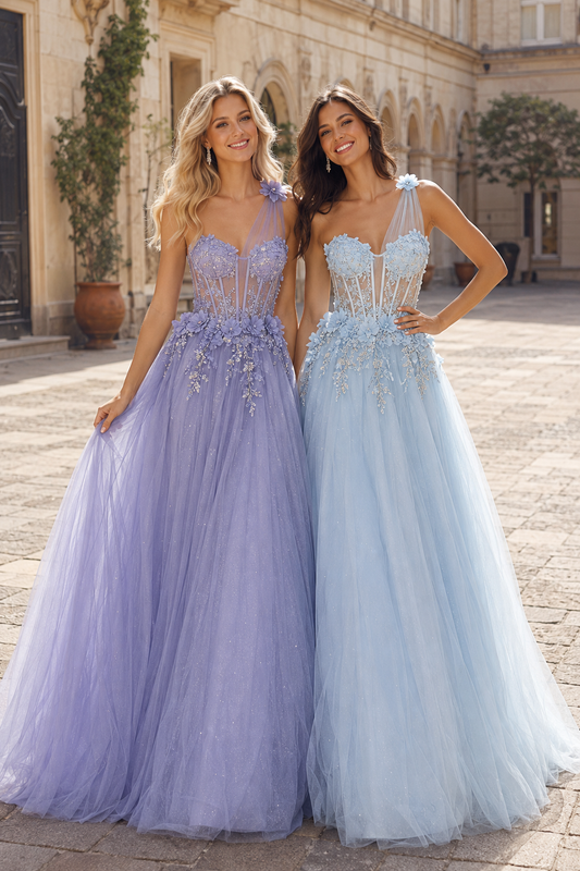 Estlisse A Line One Shoulder Sleeveless Sweep Train Tulle Prom Dress - front view