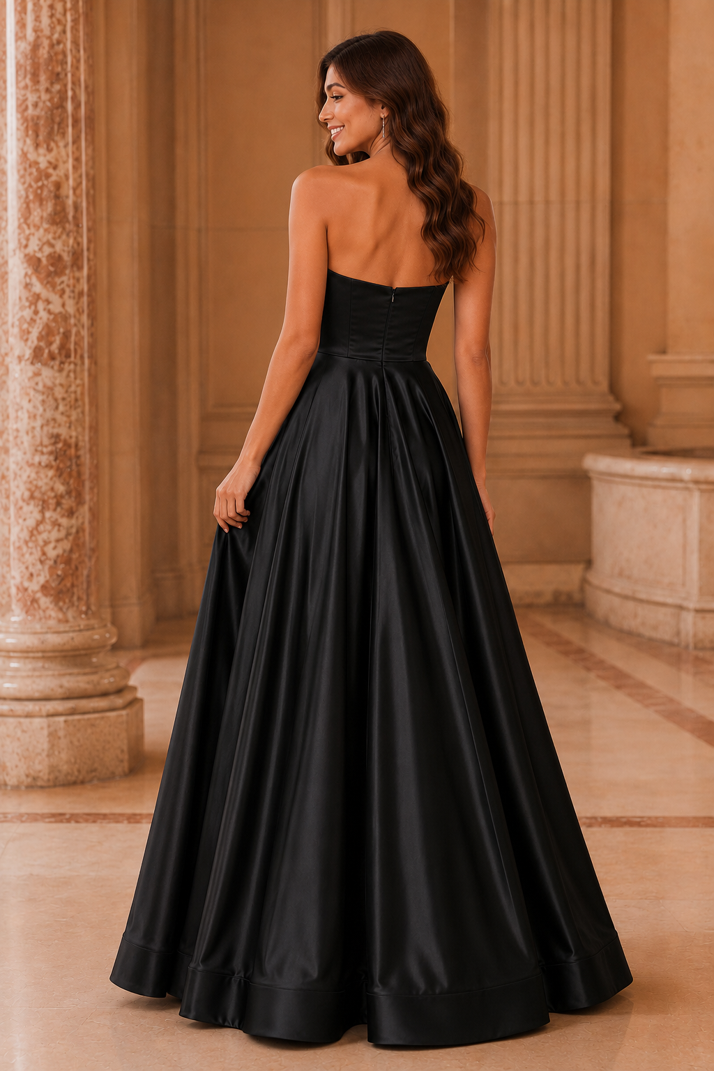 Kalvina A Line Satin Floor Length Prom Dress in Black - back view