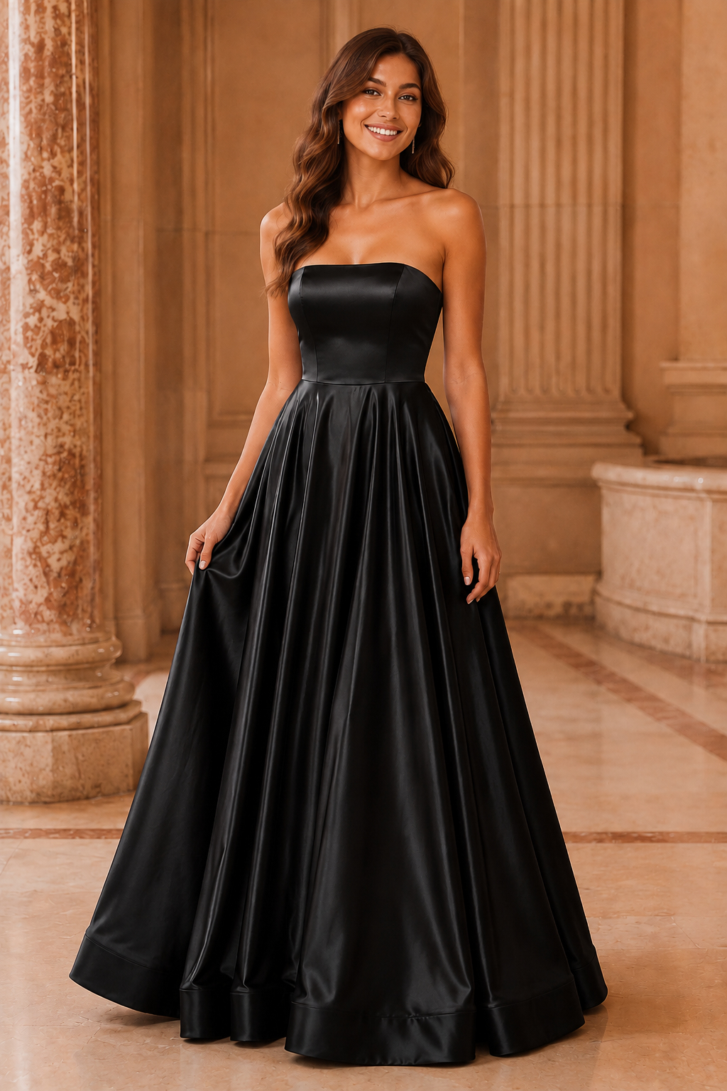 Kalvina A Line Satin Floor Length Prom Dress in Black - front view