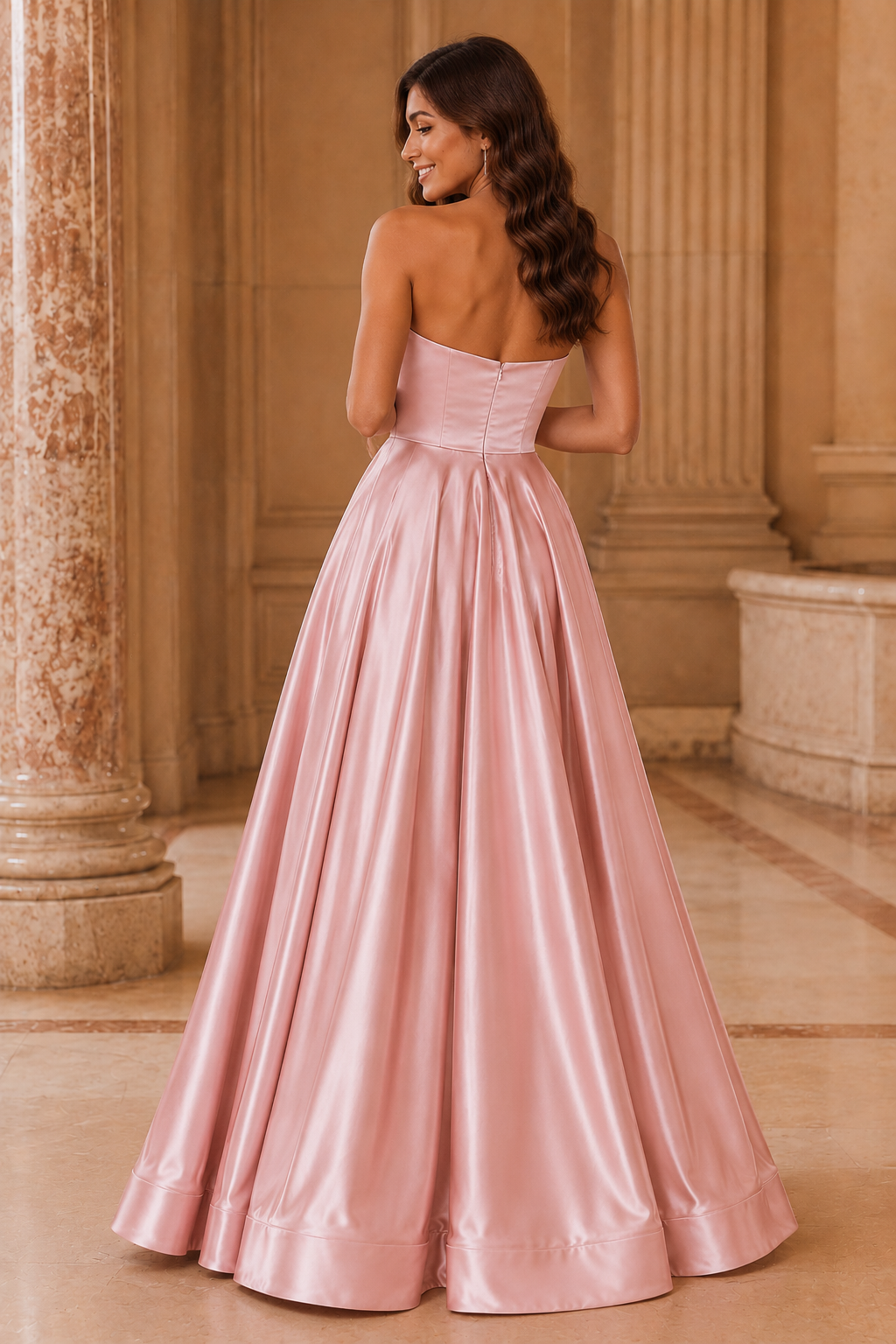 Kalvina A Line Satin Floor Length Prom Dress in Blush Pink - back view