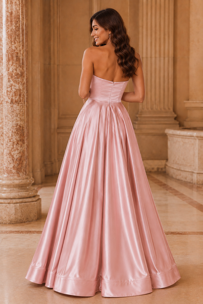 Kalvina A Line Satin Floor Length Prom Dress in Blush Pink - back view