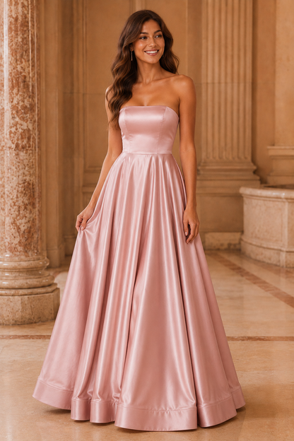 Kalvina A Line Satin Floor Length Prom Dress in Blush Pink - front view