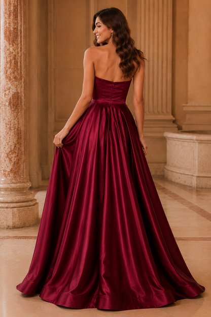 Kalvina A Line Satin Floor Length Prom Dress in Burgundy - back view