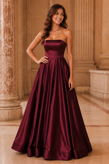 Kalvina A Line Satin Floor Length Prom Dress in Burgundy - front view