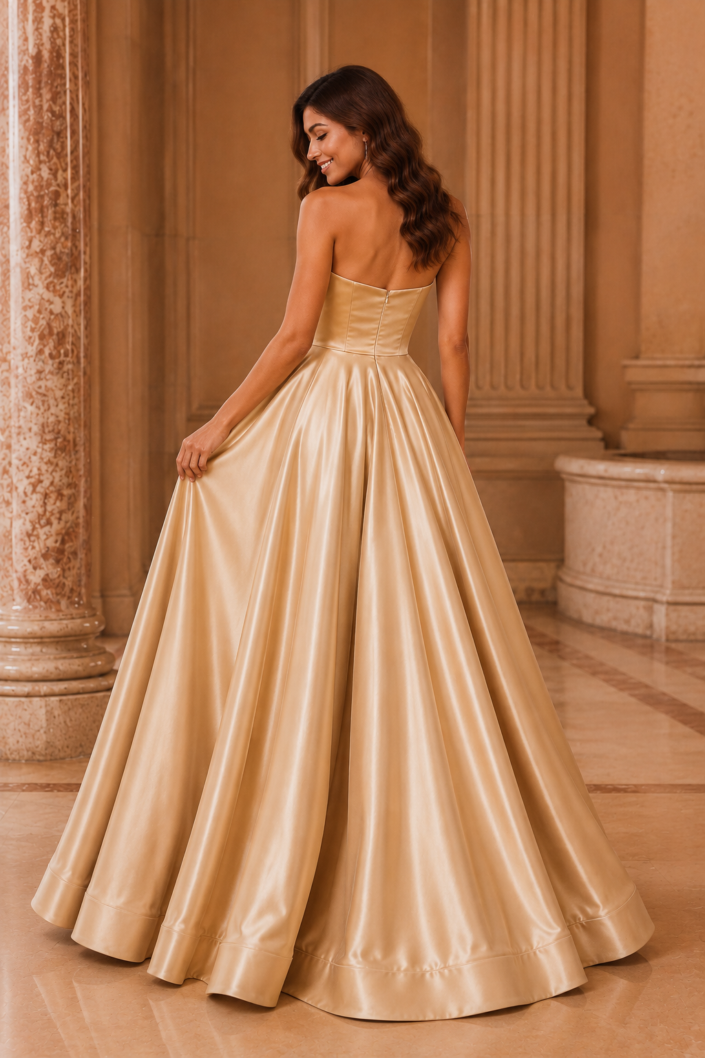 Kalvina A Line Satin Floor Length Prom Dress in Champagne - back view
