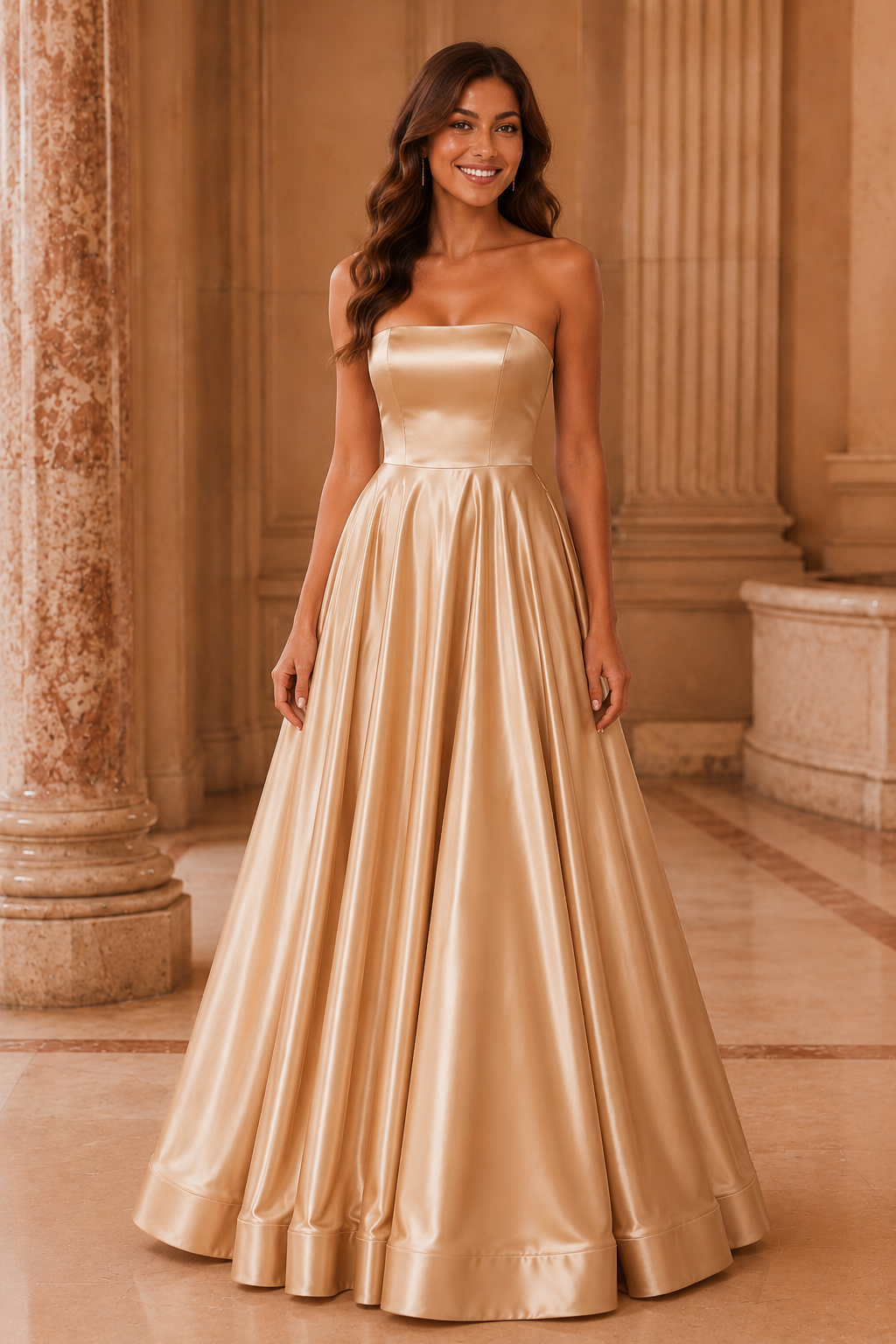 Kalvina A Line Satin Floor Length Prom Dress in Champagne - front view