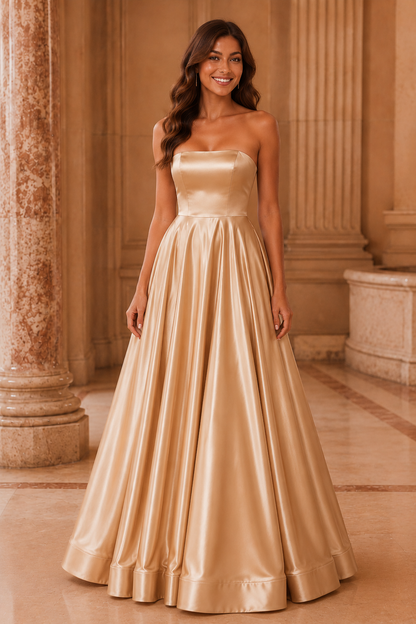 Kalvina A Line Satin Floor Length Prom Dress in Champagne - front view