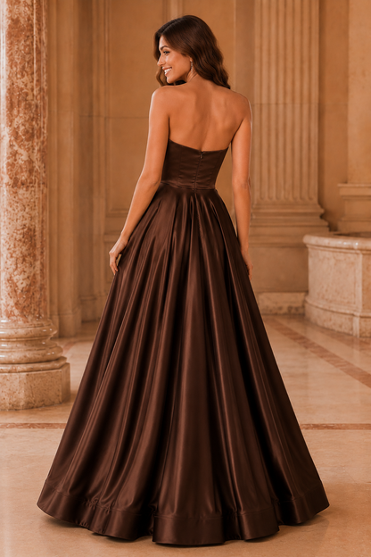Kalvina A Line Satin Floor Length Prom Dress in Chocolate Brown - back view