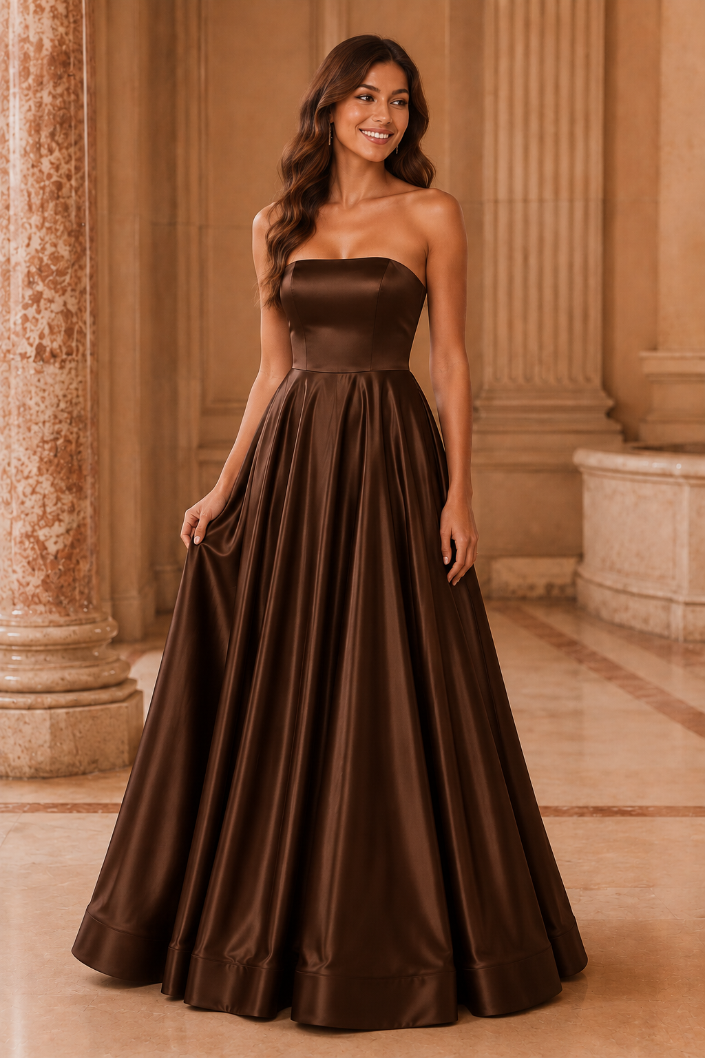 Kalvina A Line Satin Floor Length Prom Dress in Chocolate Brown - front view