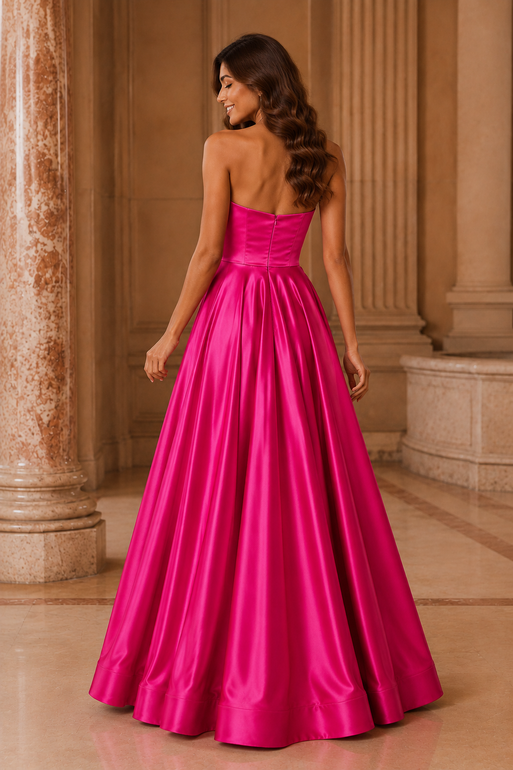 Kalvina A Line Satin Floor Length Prom Dress in Hot Pink - back view